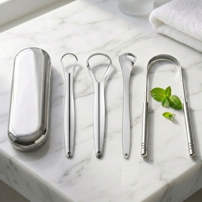 4 Piece Premium Metal Tongue Scraper Set